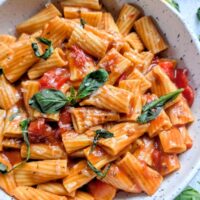 tomato instant pot rigatoni recipe with basil and parmesan cheese and diced tomatoes pantry pasta