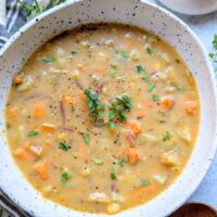 vegan vegetable chowder recipe with sweet potatoes, carrots, and butternut squash.