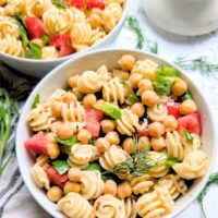 radiatori pasta salad with chickpeas and dill and fresh tomatoes