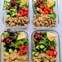 marinated chickpea and quinoa meal prep bowls with vegetables high protein vegan recipes